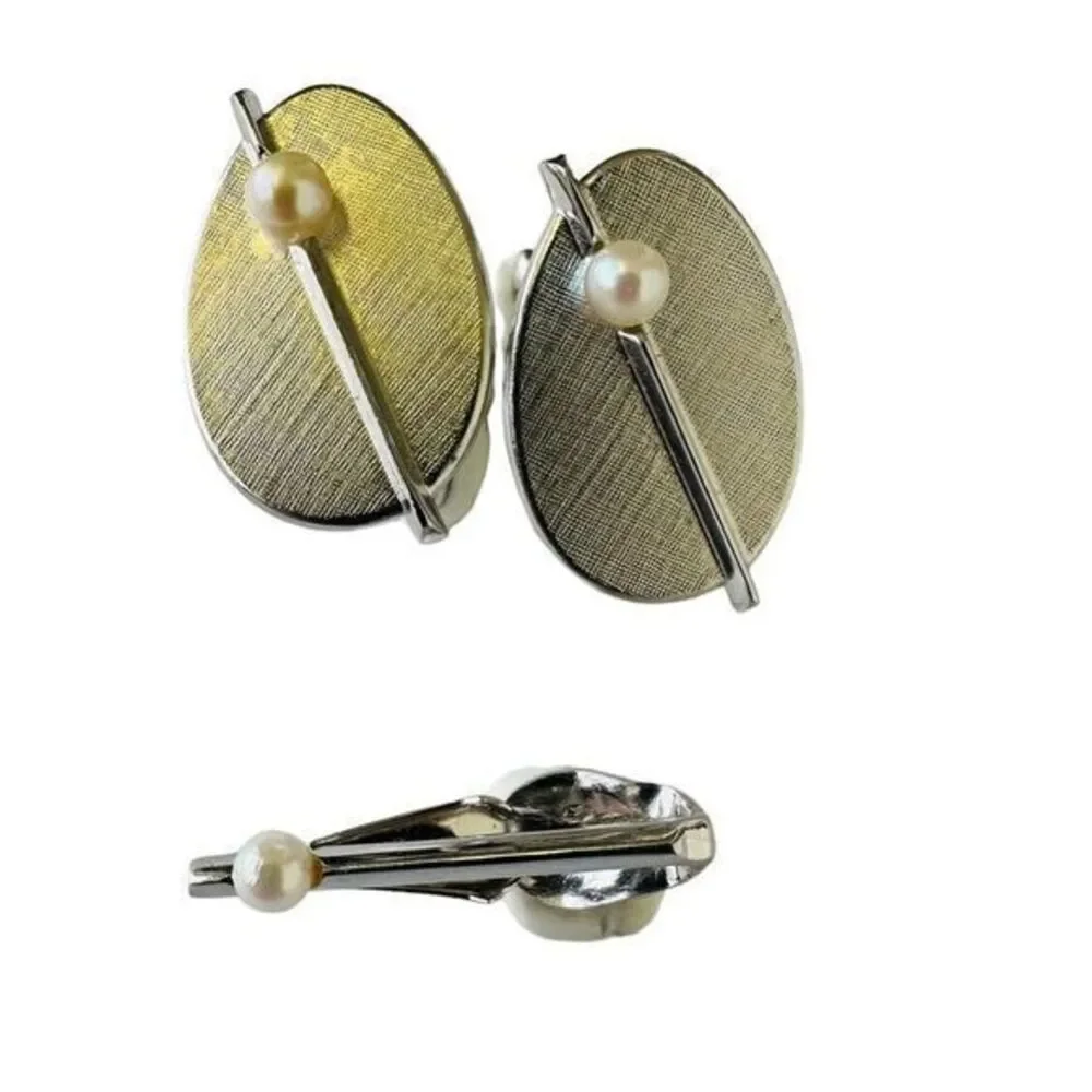 Swank Set Silver‎ Tone Faux Pearl Cuff Links & Matching Tie Clip Vintage